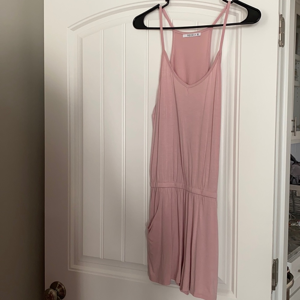 Blush cotton romper with pockets and elastic waist